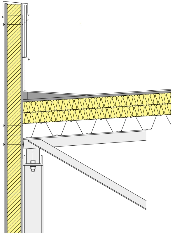Isolerad byggnad med papptak och plåtelement.